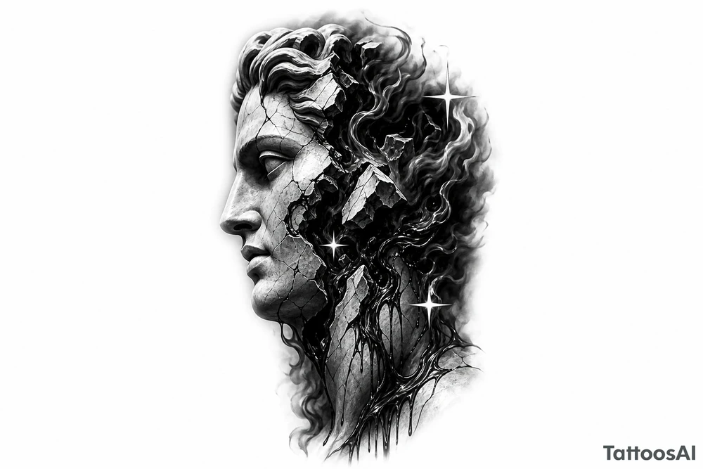 Black and grey tattoo design of a broken marble statue face split down the middle, side view profile, realistic shattered porcelain effect, dark wispy smoke and liquid pouring out of the cracks, Chicano tattoo shading, heavy blackwork background, sharp 4-point sparkle stars, high contrast, clean white background, detailed tattoo stencil style on side neck tattoo idea