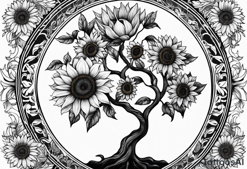 Feminine Yggdrasil tree with sunflowers tattoo idea