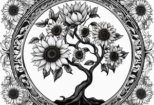Feminine Yggdrasil tree with sunflowers tattoo idea