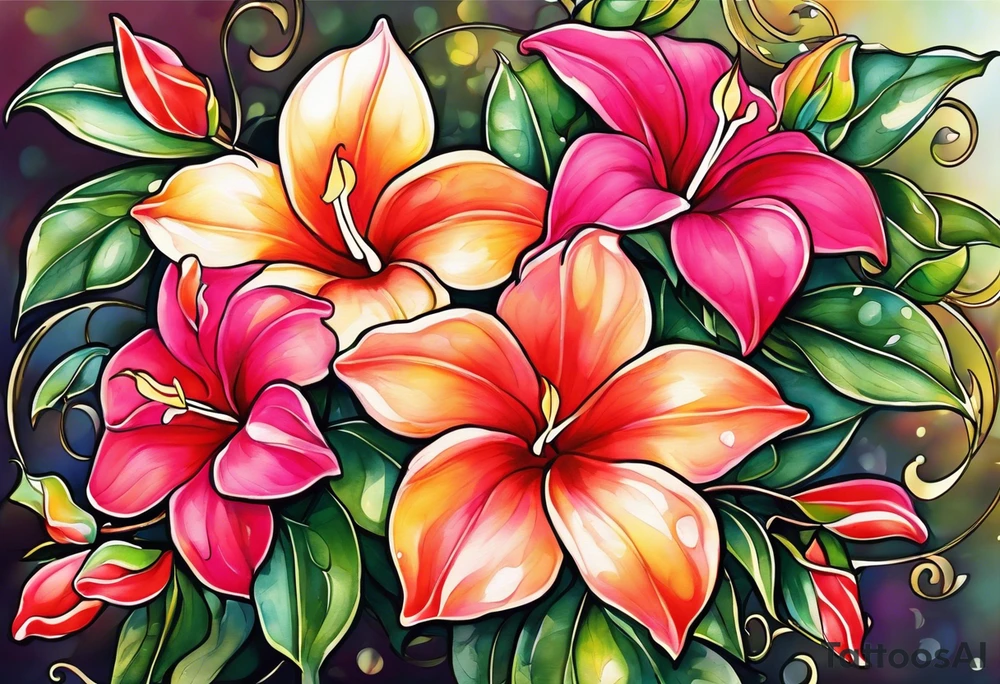 abstract mandevilla flowers on a vine, with color leaking out into the background. SOme of the flowers should be full color, and some just linework tattoo idea
