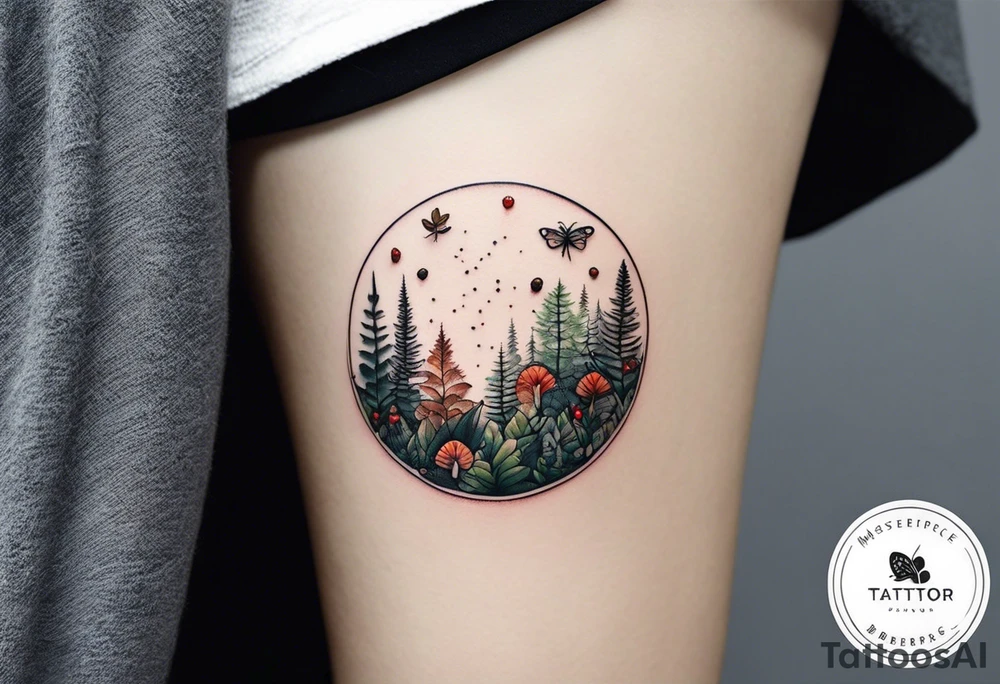 minimalistic forest floor inspired tattoo, which includes grass, moss, curly ferns and dead leaves as the bulk of the tattoo. details to include: forest berries, couple of very small brown mushrooms, a tiny bumblebee flying nearby tattoo idea