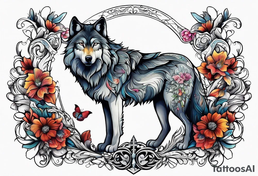 Wolf, flower, cross tattoo idea