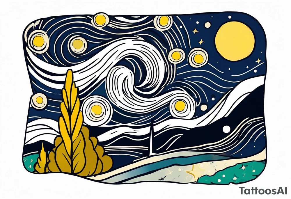 the starry night from van gogh but in tradi tattoo (old school) tattoo idea