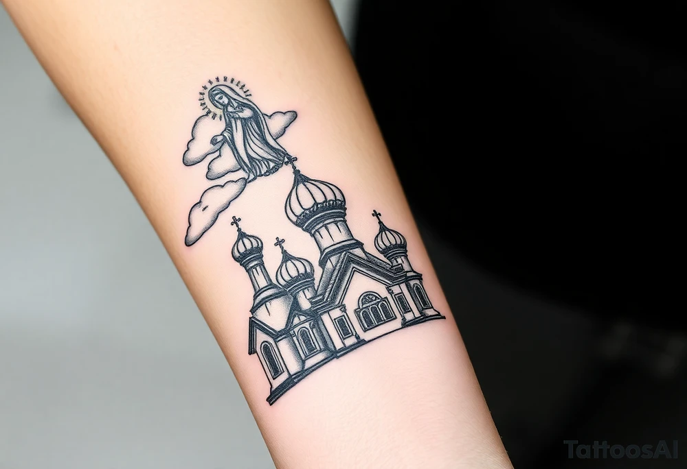 Russian Orthodox church with orthodox spire crosses, with clouds above it and a virgin mary seperately over looking sat above tattoo idea