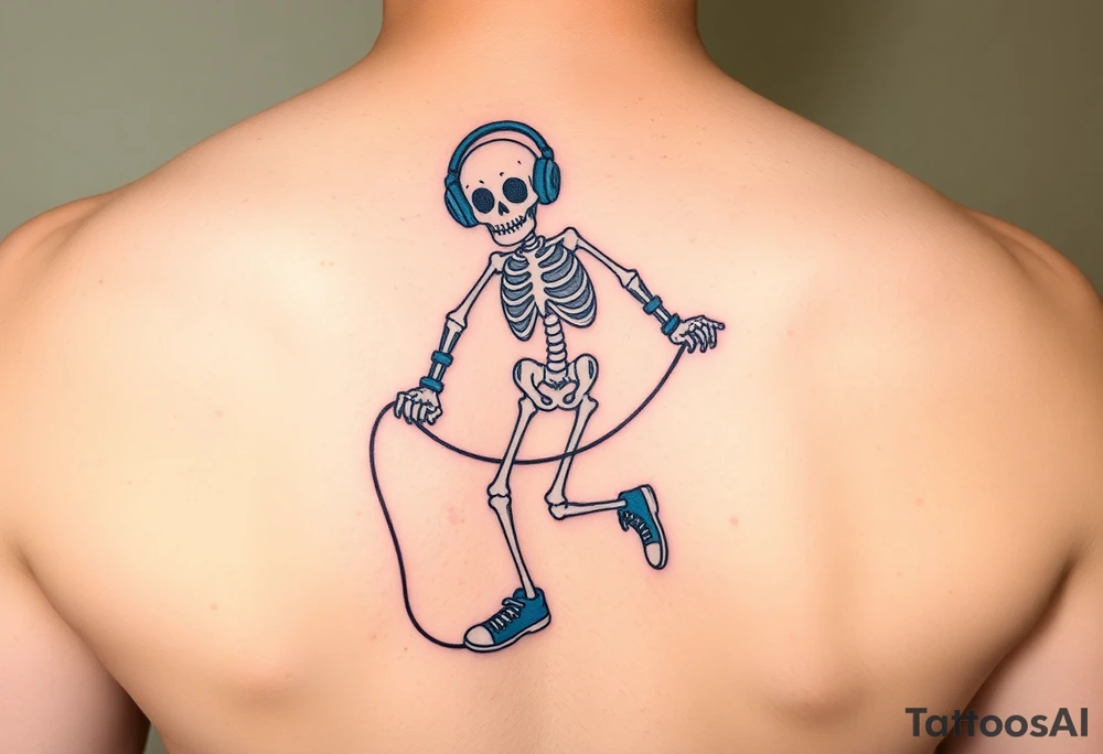 Minimalist funny looking skeleton skipping on a jumping rope with blue headphone blue tennis shoes blue arm bands and music notes colorful tattoo idea