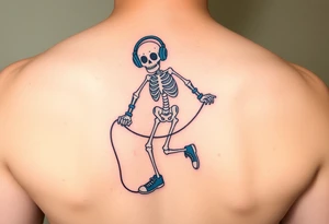 Minimalist funny looking skeleton skipping on a jumping rope with blue headphone blue tennis shoes blue arm bands and music notes colorful tattoo idea