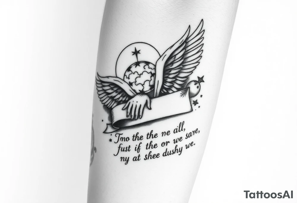 A black and white tattoo that will be placed in the forearm, the tattoo is based on biblical images such as clouds, angels, wings, gods hands, wisdom, glory and a journal pages style with a text reading “For out of the ground we were taken for the dust we are and to the dust we shall return” tattoo idea