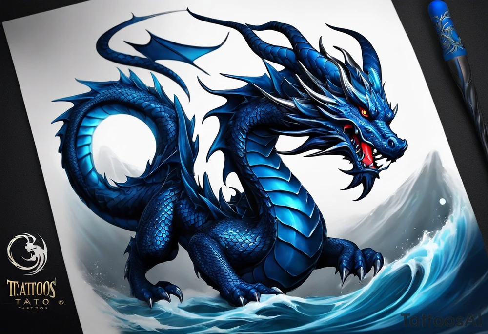 An epic floating dragon. Its long body coiling dynamically, with scales and horns detailed to create a sense of movement and strength. The dragon's main color is midnight blue, giving a vibrant depth and a mystical aura. This tattoo highlights the dragon’s fierce expression and sharp claws. tattoo idea
