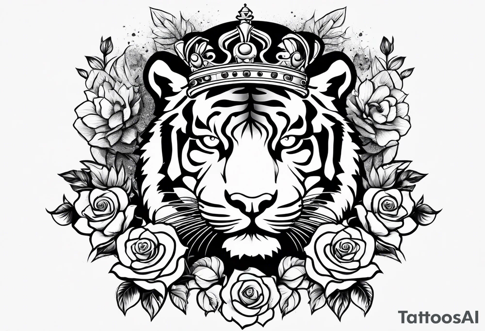 Tiger with 3 eyes and crown roses tattoo idea