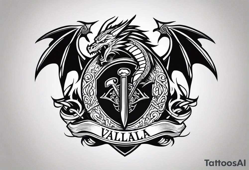 Valhalla sword shield dragon axe tattoo idea