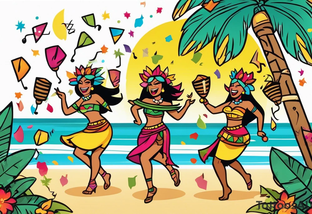 hulu tiki party with dancing tiki guys and sexy tiki girls on a beach with music notes and confetti around a blank space in the middle tattoo idea