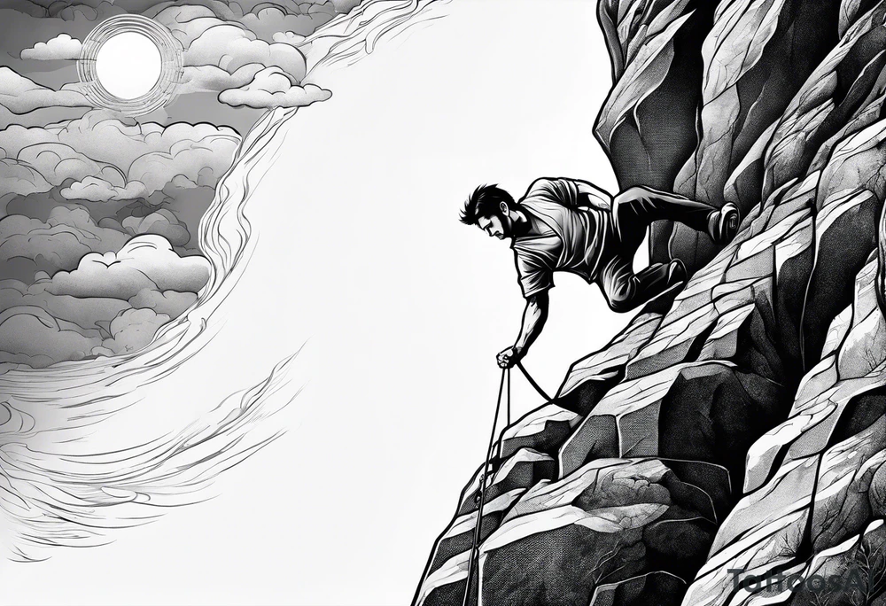 create a tattoo of a naked man climbing a cliff tattoo idea