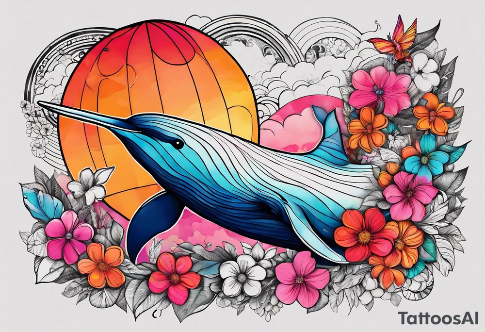 Small whale, hummingbird, face, flowers, bold color, collage, pink, orange, red, hot air balloon tattoo idea