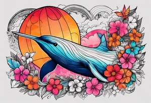 Small whale, hummingbird, face, flowers, bold color, collage, pink, orange, red, hot air balloon tattoo idea