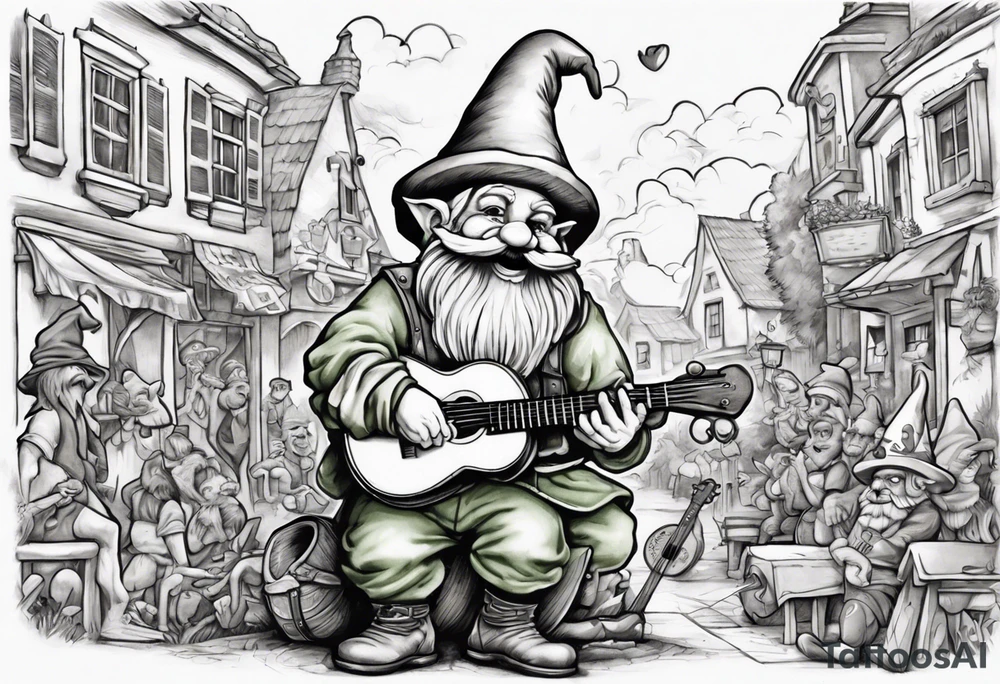 a 4 foot moss green deep gnome with handlebar mustache with a lute serenating a crowd in a small town square tattoo idea
