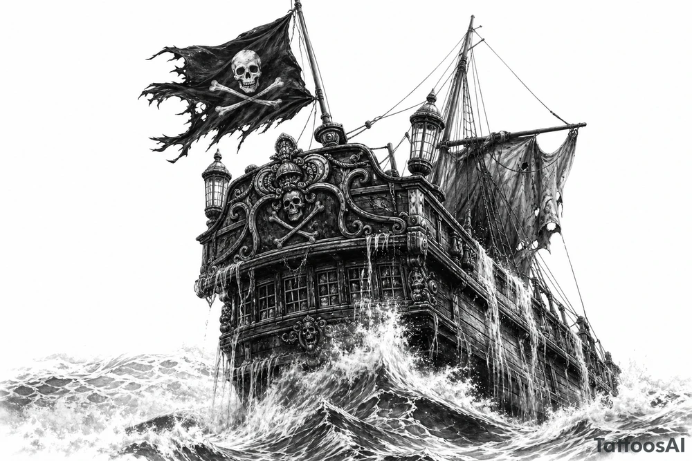 Detailed pirate ship stern, waves crashing over deck, tattered Jolly Roger flag. tattoo idea