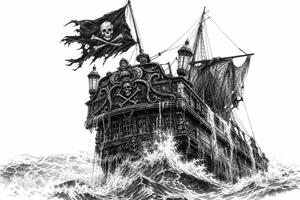 Detailed pirate ship stern, waves crashing over deck, tattered Jolly Roger flag. tattoo idea