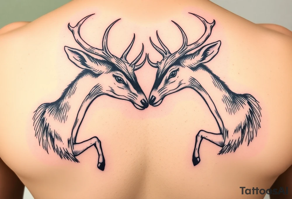 Entire Full body Two deer with their heads down hitting horns to show dominance. tattoo idea
