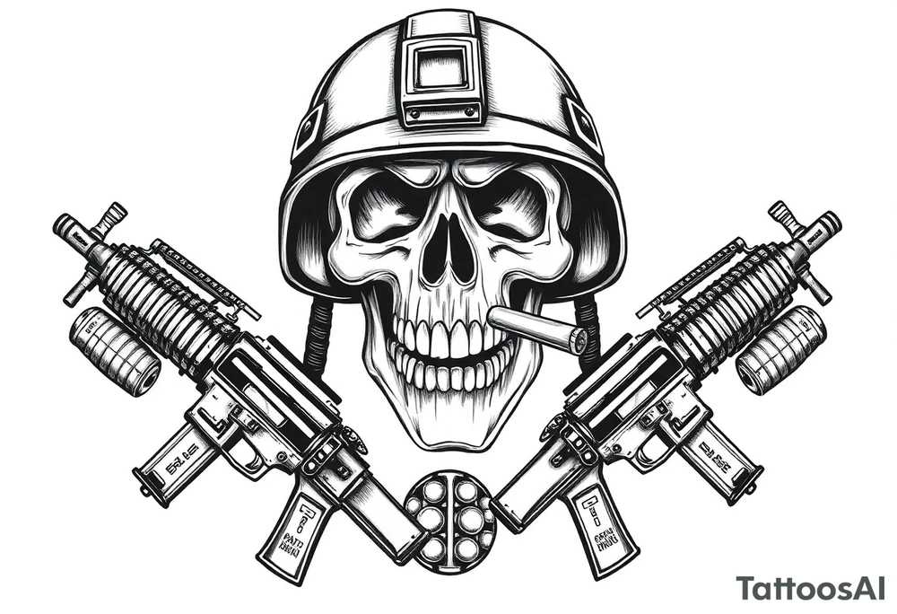 A stoic skull in a military helmet, cigar burning, flanked by crossed assault rifles and grenades. tattoo idea