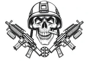 A stoic skull in a military helmet, cigar burning, flanked by crossed assault rifles and grenades. tattoo idea