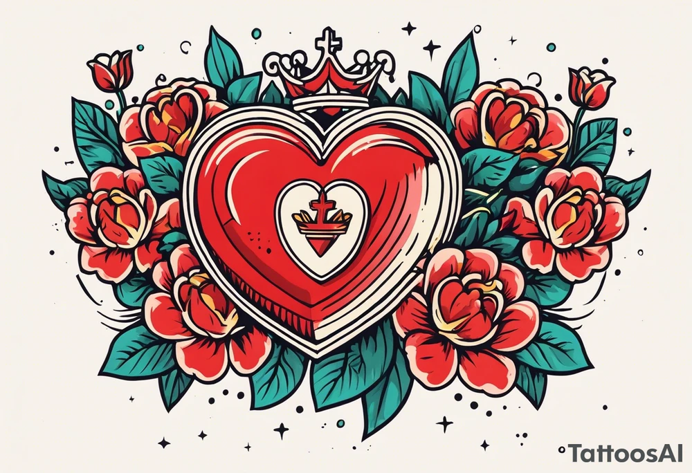 sacred heart vintage traditional tattoo simple sketch old school bold colors with banner christian
sympbol
flowers crown on top of heart tattoo idea