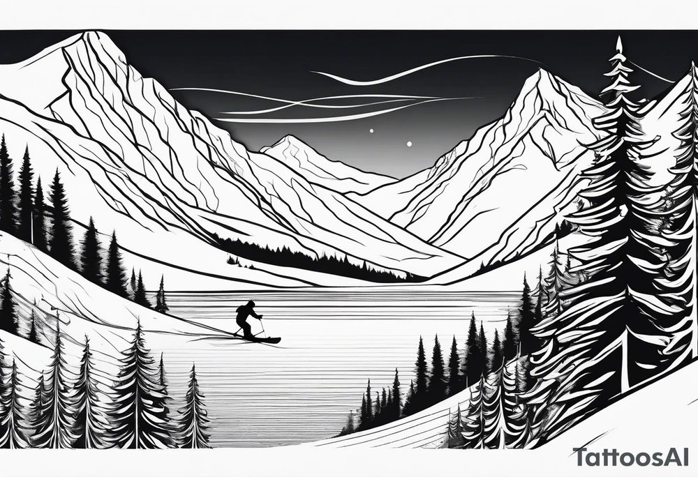 snow skier in distance coming down mountain in distance with trees and mountains and lake at bottom with waterskier tattoo idea
