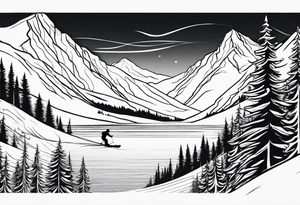 snow skier in distance coming down mountain in distance with trees and mountains and lake at bottom with waterskier tattoo idea