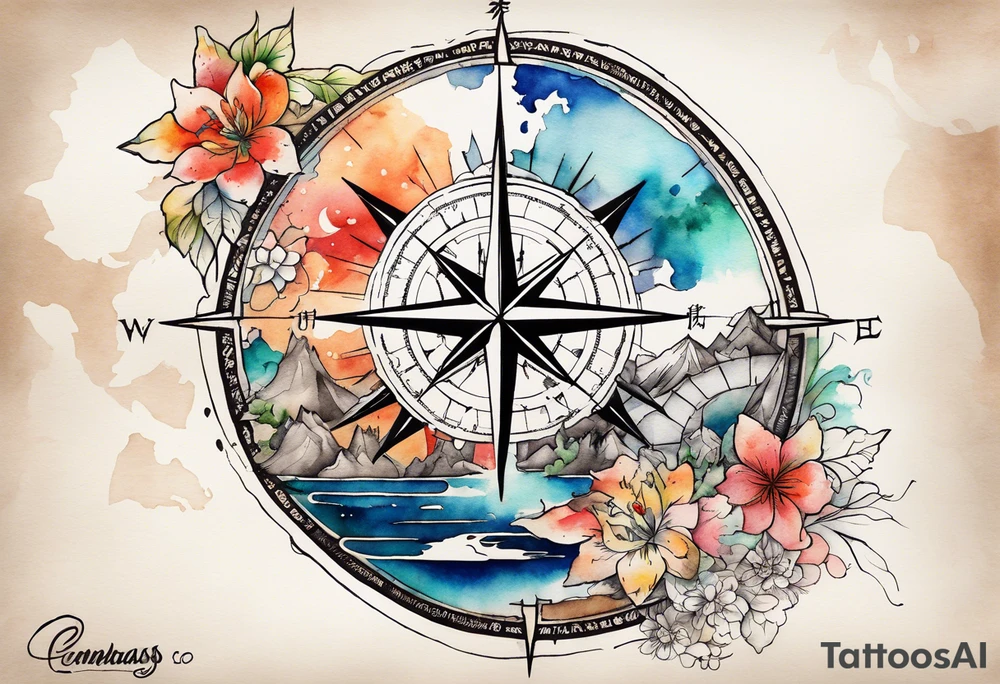Travel themed for thigh, compass rose overlaid with a landmarks in and around it, spilled watercolor and tiny C130 silhouette tattoo idea