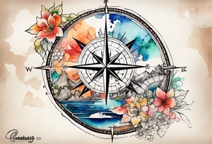 Travel themed for thigh, compass rose overlaid with a landmarks in and around it, spilled watercolor and tiny C130 silhouette tattoo idea