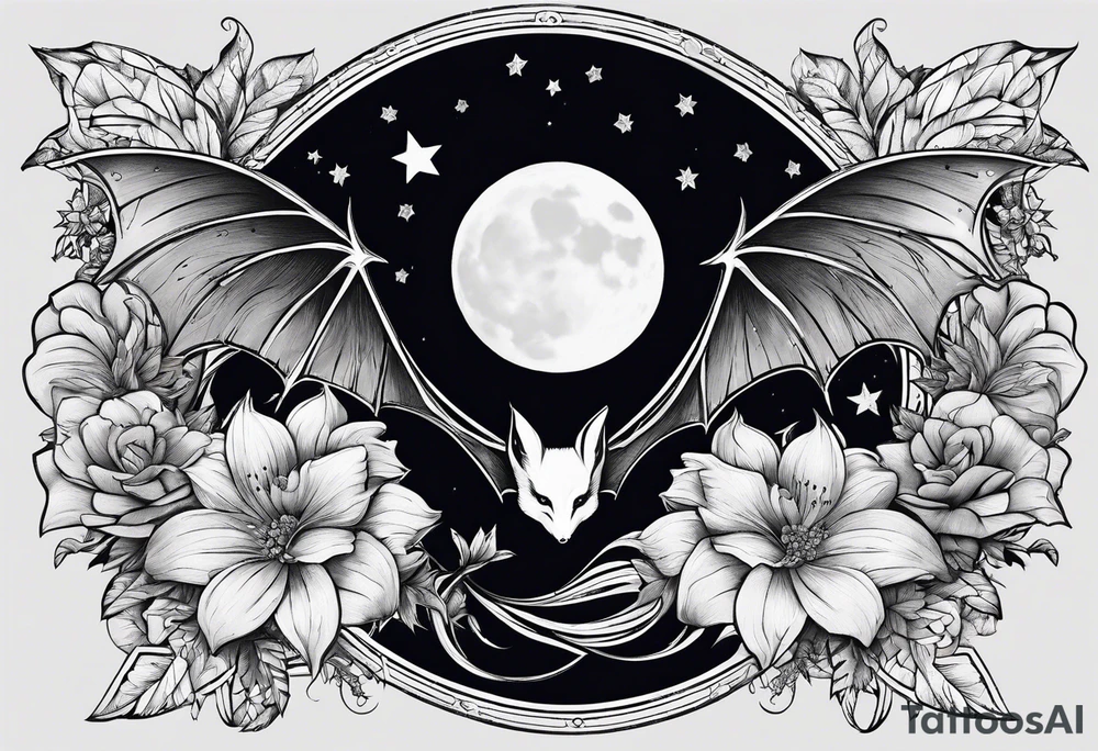 Fines flowers bat moon stars tattoo idea