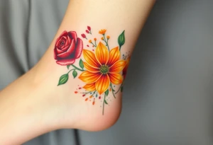 a colorful, vibrant, watercolor tattoo with one red rose, one orange lily, one gold marigold, and one orange cosmos flower and with splashes of color tattoo idea