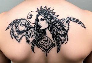 Native Amazing women with feathers in her hair, around wolves, Mountain & having the moon tattoo idea