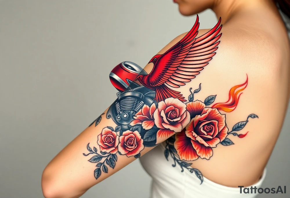 Motorcycle, red bird flying, roses and lace, flames tattoo idea
