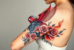 Motorcycle, red bird flying, roses and lace, flames tattoo idea