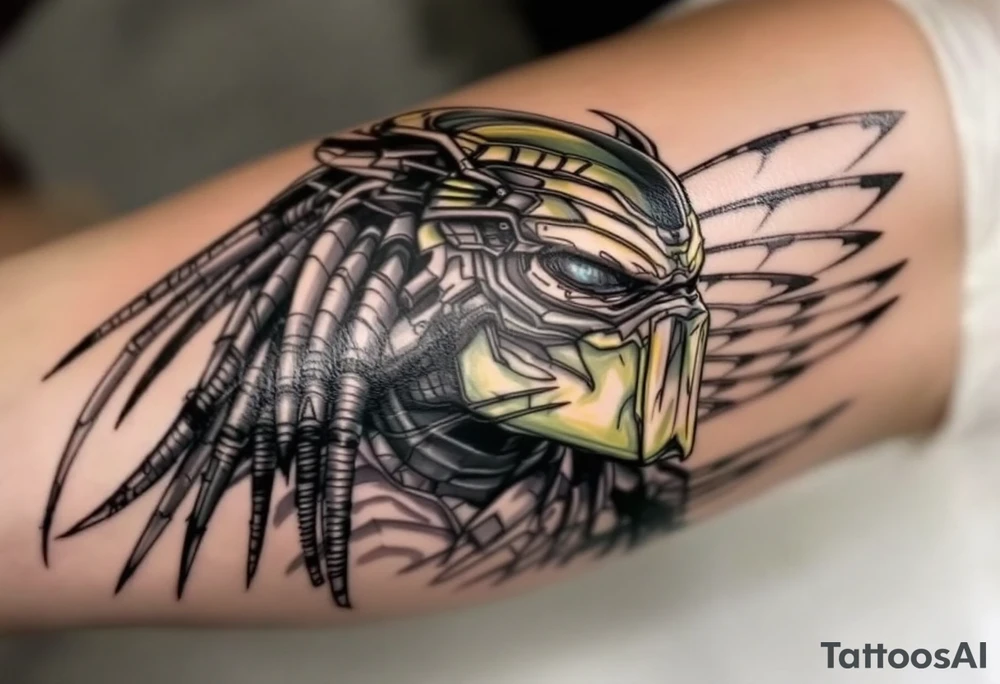 Falconer Predator – A sleek and stealth-focused Yautja from Predators (2010), with grayish-green skin, smooth, lightweight armor, and a custom bio-mask with a visor-like design. Uses a mechanized falcon drone to track prey. tattoo idea