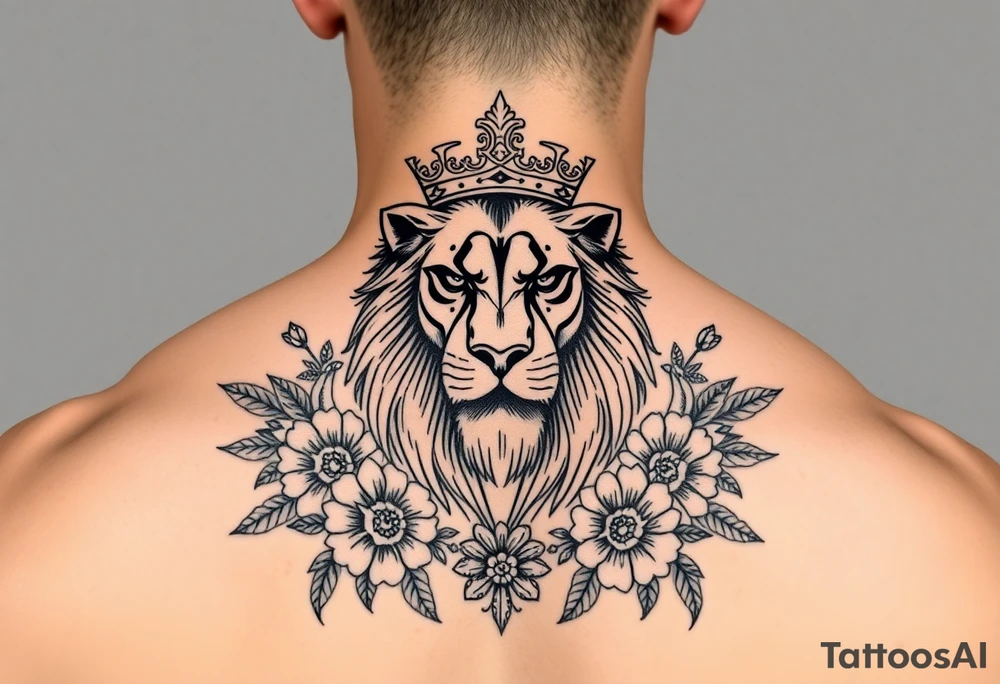 powerful majestic lion with a crown, surrounded by floral ornaments and birds tattoo idea
