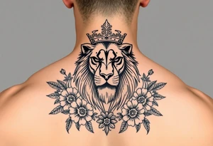 powerful majestic lion with a crown, surrounded by floral ornaments and birds tattoo idea
