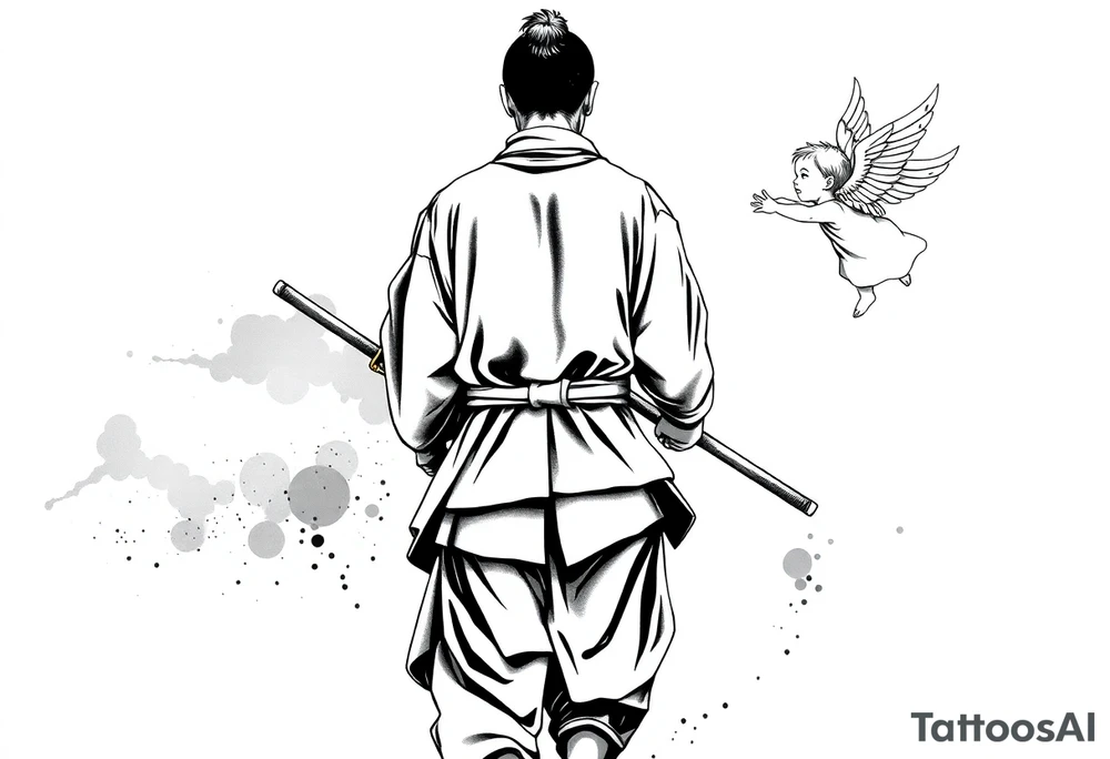 Blackwork tattoo illustration of a samurai walking forward, seen from behind. The samurai wears a traditional kimono and hakama, holding two long katanas in a relaxed but ready pose. To his right, a small child angel with detailed feathered wings floats in the air, gently reaching toward him with an outstretched hand. Strong contrast, dynamic ink splatters, sumi-e brush stroke effects, minimalist white background, dramatic lighting, emotional and symbolic composition, high-detail linework tattoo idea