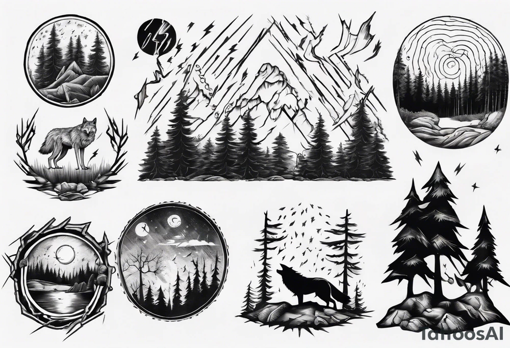 a thunder and lightning storm over a forest with a distant wolf howling and a drum circle tattoo idea