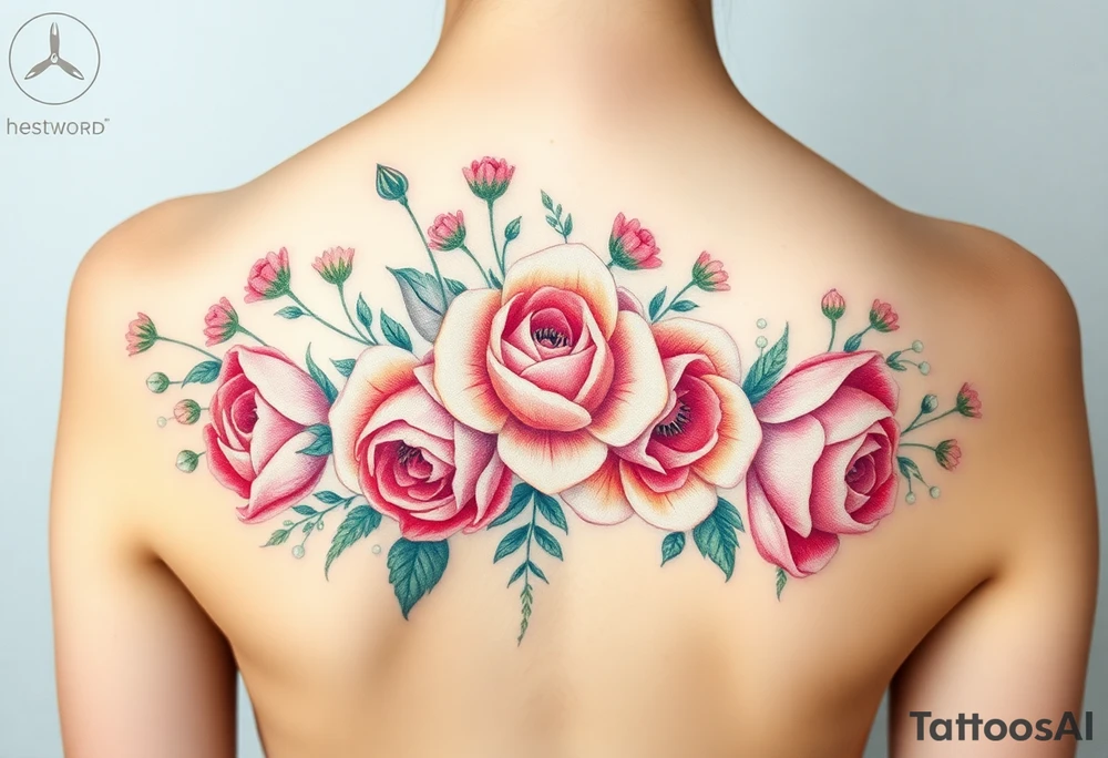 vintage bouquet of wild roses and meadow flowers with morning dew tattoo idea
