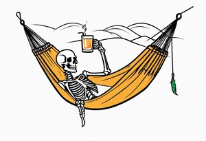 skeleton wearing a button up hawaiian shirt relaxing on the beach with a drink in a hammock tattoo idea
