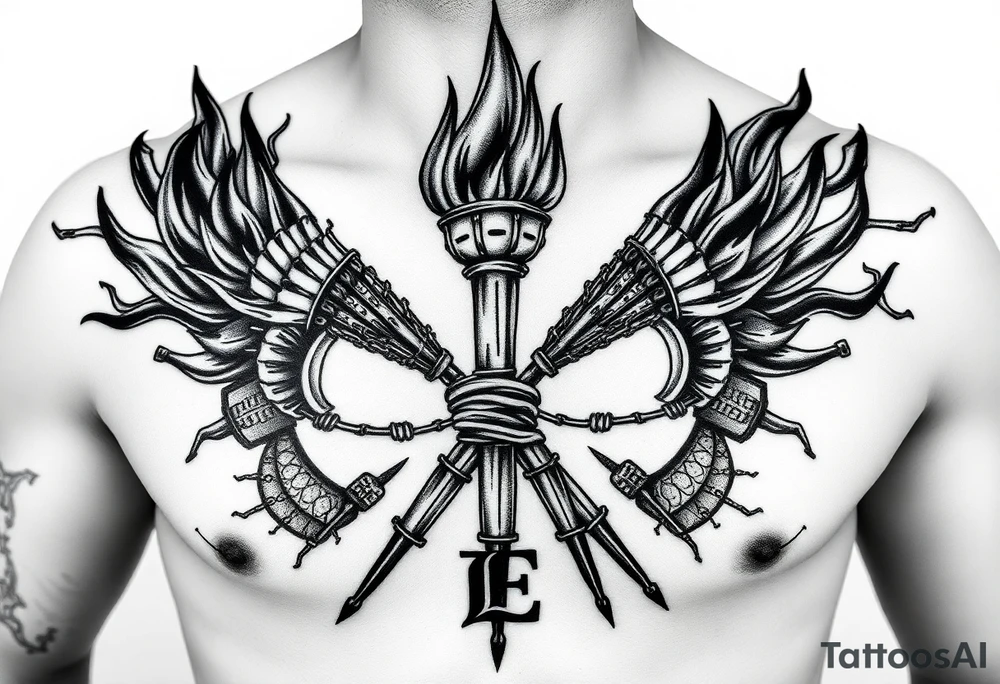 Large blackwork chest and neck tattoo. Two big crossed torches in the center of the chest, tightly wrapped in detailed barbed wire. Intense black flames rise upward from the torches, going high above the neck. The tattoo is massive, fully filled, no empty space. Background filled with dotwork, radial patterns, dark textures similar to the attached reference style. Strong geometric and ornamental filling along the collarbones. At the bottom, large bold letters 'БЛЦС' in a heavy gothic or blocky blackwork font. Entire tattoo done only in black ink, very high detail, dramatic, brutal, symmetrical composition, blackwork / dotwork / engraving style. tattoo idea