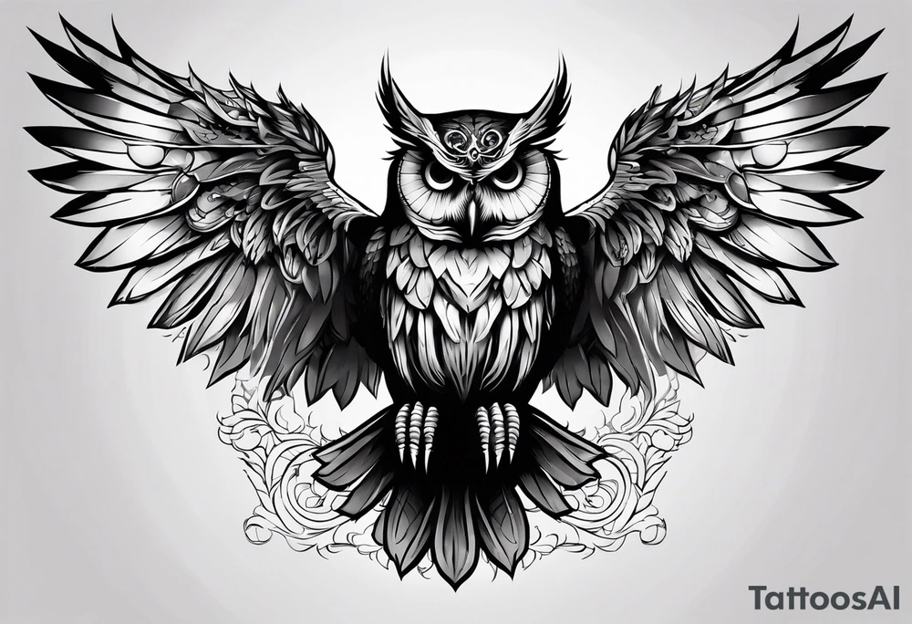 Gothic Skeleton owl with open wings tattoo idea