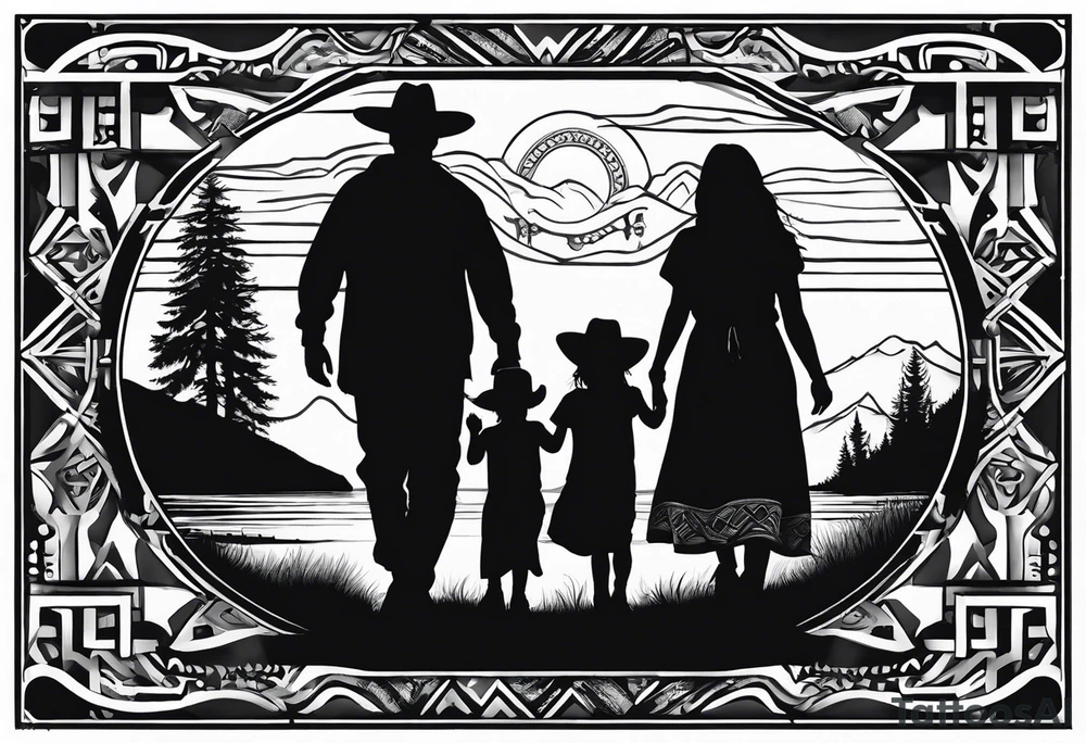 A shadow of a family of four walking through the Pacific northwest. Faith centered and add Mexican tribal  border with importance of faith.
Add crosses tattoo idea