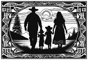 A shadow of a family of four walking through the Pacific northwest. Faith centered and add Mexican tribal  border with importance of faith.
Add crosses tattoo idea