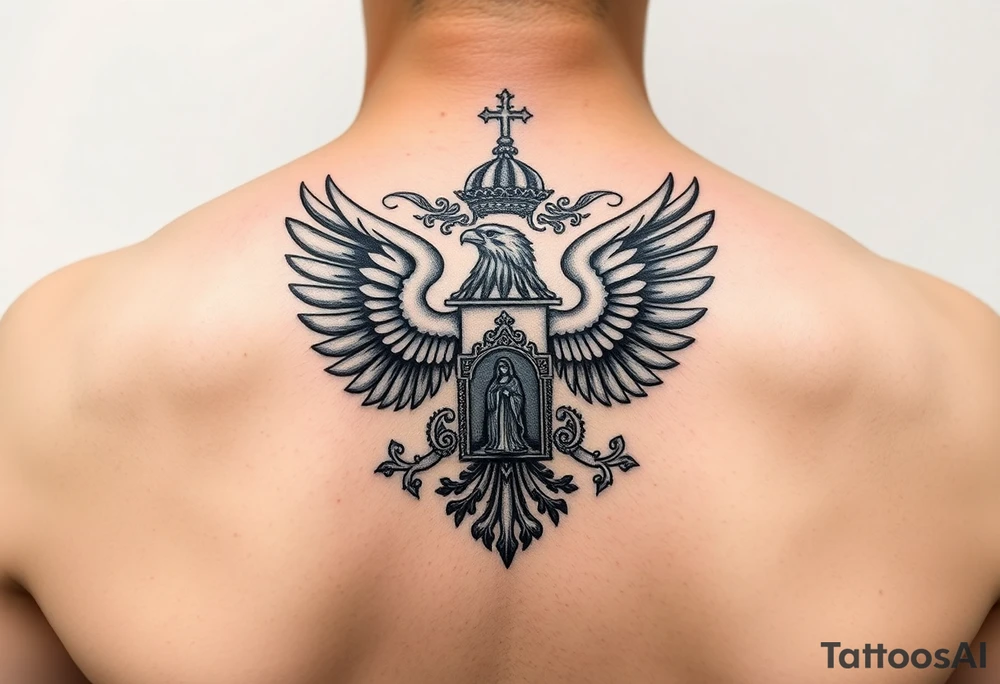 russian coat of arms double headed eagle traditional christian orthodox cross with a virgin mary stood in the entrance of a russian orthodox dome church on the side of the neck in a wilderness setting tattoo idea