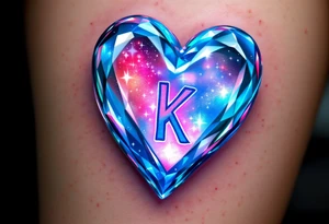 A realistic glass heart with the letter "K" frozen inside, representing love that is pure and preserved forever. tattoo idea