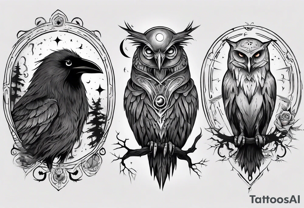 Raven on the left. Owl on the right. Mystic. Dark Demonic Energy. The Moon. tattoo idea