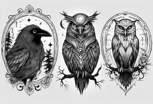 Raven on the left. Owl on the right. Mystic. Dark Demonic Energy. The Moon. tattoo idea