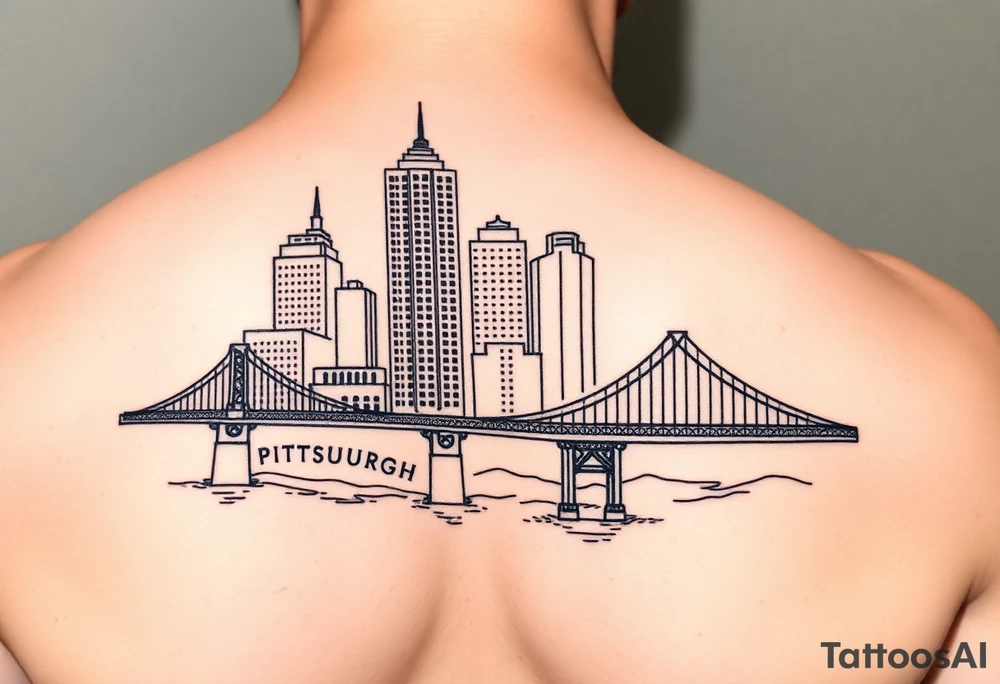 design a linework tattoo for the pittsburgh full marathon that i can get vertically on the back of my calf right below the knee pit. include the buildings in pittsburgh and one of the pittsburgh bridges tattoo idea